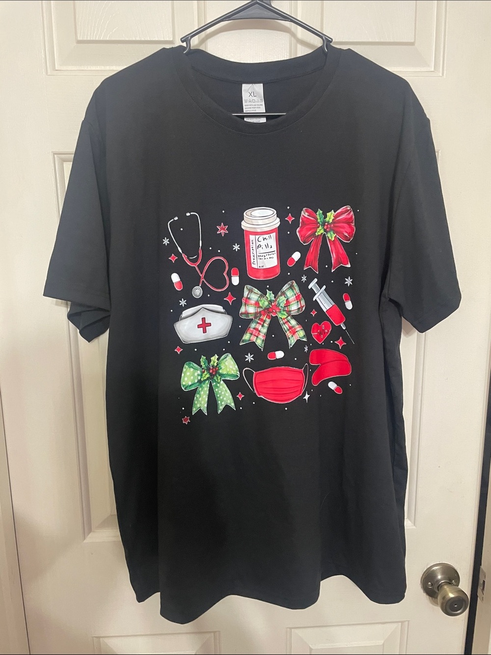 Black Graphic Nurse Holiday Tee with Red & Green Accents